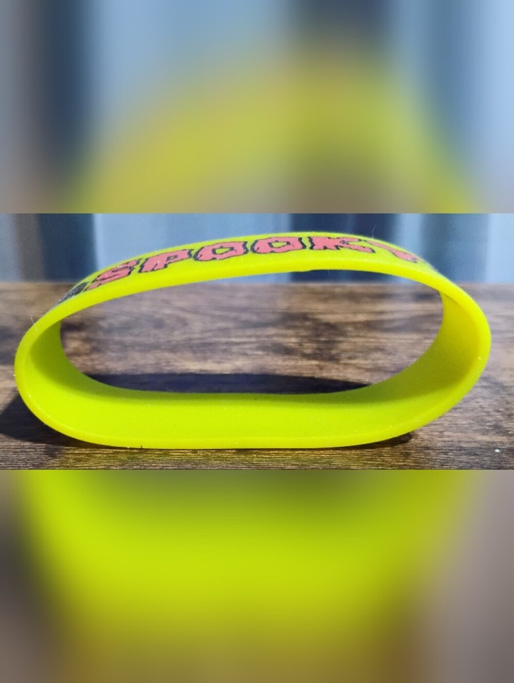 Neon Yellow Spooky Wristband with Pink Pop Lettering - Picture 5 of 7